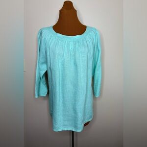 Match Point USA Aqua Natural Linen Peasant Top Size Small